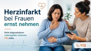 Frau mit möglichen Herzinfarkt-Beschwerden wird von einer Ersthelferin betreut, die den Notruf 112 vorbereitet.