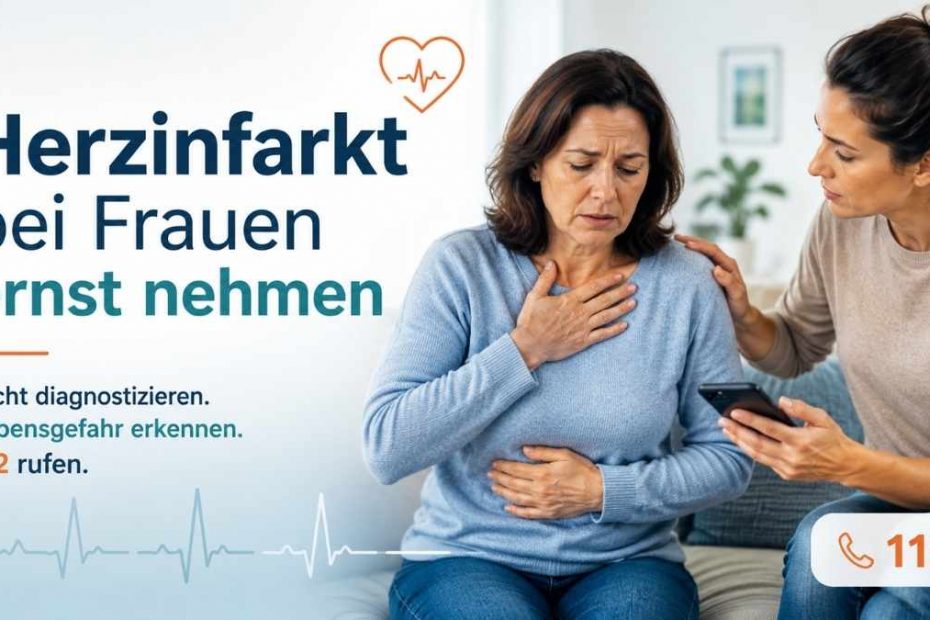 Frau mit möglichen Herzinfarkt-Beschwerden wird von einer Ersthelferin betreut, die den Notruf 112 vorbereitet.