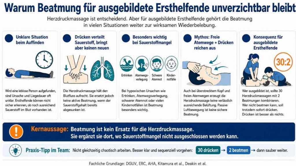Infografik: Warum Beatmung bei der Wiederbelebung für ausgebildete Ersthelfende wichtig bleibt, besonders bei unklarer Liegedauer und möglichem Sauerstoffmangel.