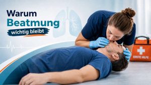Ausgebildete Ersthelferin beatmet eine bewusstlose Person im Rahmen der Wiederbelebung. Das Beitragsbild zeigt, warum Beatmung in der Ersten Hilfe weiterhin wichtig bleibt.