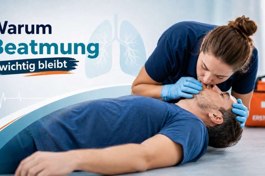 Ausgebildete Ersthelferin beatmet eine bewusstlose Person im Rahmen der Wiederbelebung. Das Beitragsbild zeigt, warum Beatmung in der Ersten Hilfe weiterhin wichtig bleibt.