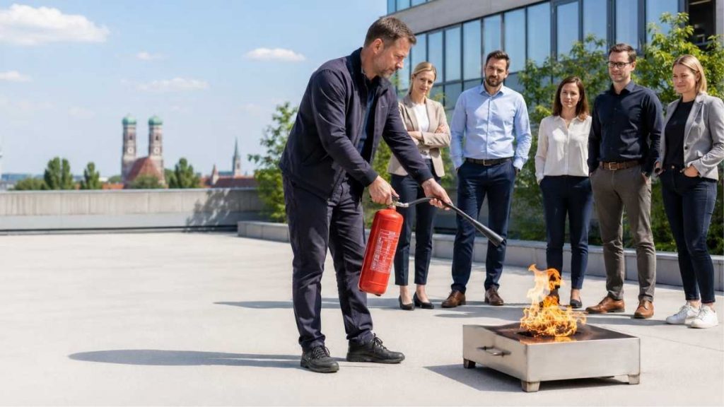 Trainer zeigt Mitarbeitenden bei einer Brandschutzhelfer-Ausbildung in München den sicheren Umgang mit einem Feuerlöscher am Brandsimulator.