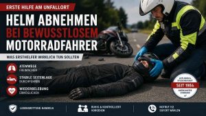 Helm abnehmen bei Motorradunfall Ersthelfer nimmt einem bewusstlosen Motorradfahrer nach einem Unfall vorsichtig den Helm ab, um Atemwege und Atmung zu kontrollieren.