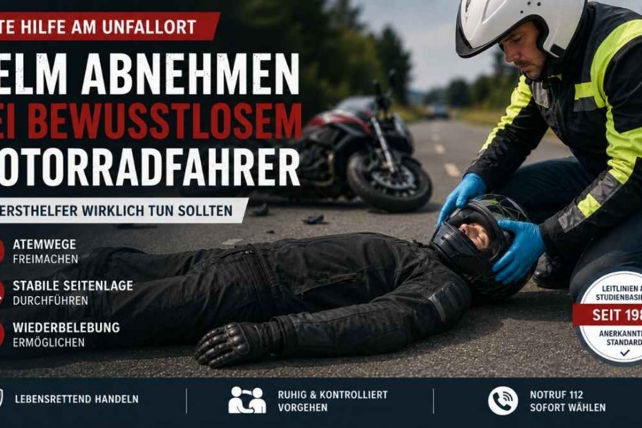 Helm abnehmen bei Motorradunfall Ersthelfer nimmt einem bewusstlosen Motorradfahrer nach einem Unfall vorsichtig den Helm ab, um Atemwege und Atmung zu kontrollieren.