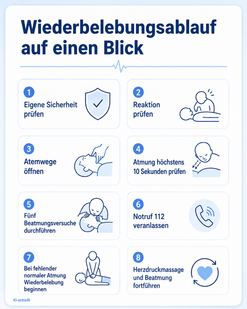 Infografik zum Ablauf der Wiederbelebung beim Säugling mit Sicherheitsprüfung, Reaktions- und Atemkontrolle, fünf Beatmungen, Notruf 112 sowie Herzdruckmassage und Beatmung.