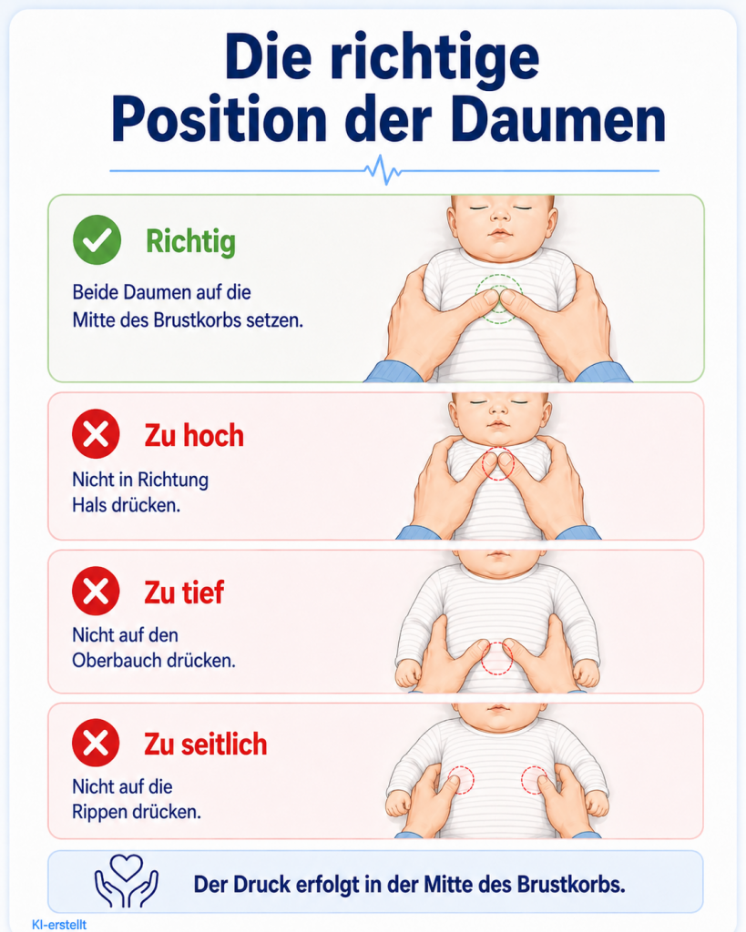 Infografik zur richtigen Daumenposition bei der Herzdruckmassage eines Säuglings mit korrekter Platzierung in der Mitte des Brustkorbs sowie Beispielen für eine zu hohe, zu tiefe und zu seitliche Position.