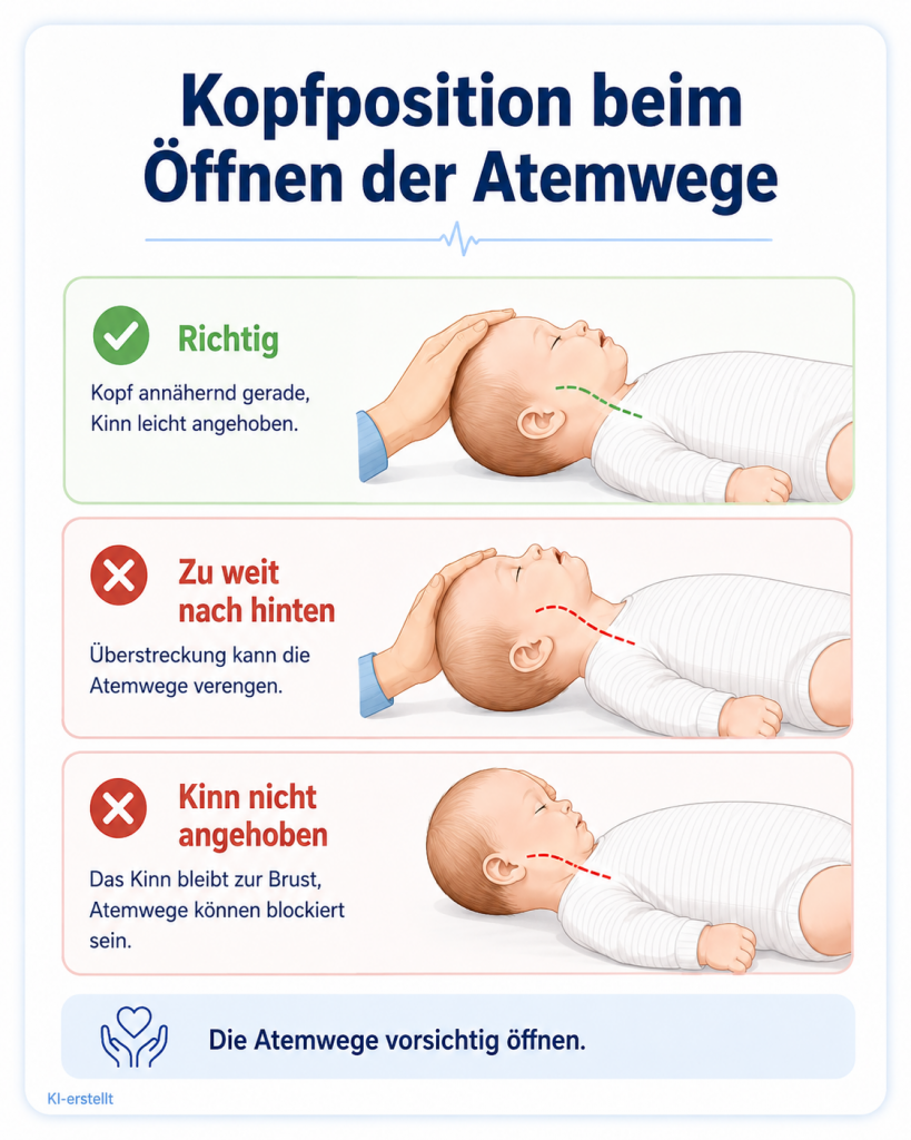 Infografik zur richtigen und falschen Kopfposition beim Öffnen der Atemwege eines Säuglings mit neutraler Kopfhaltung, leichter Kinnanhebung und Beispielen für Überstreckung.