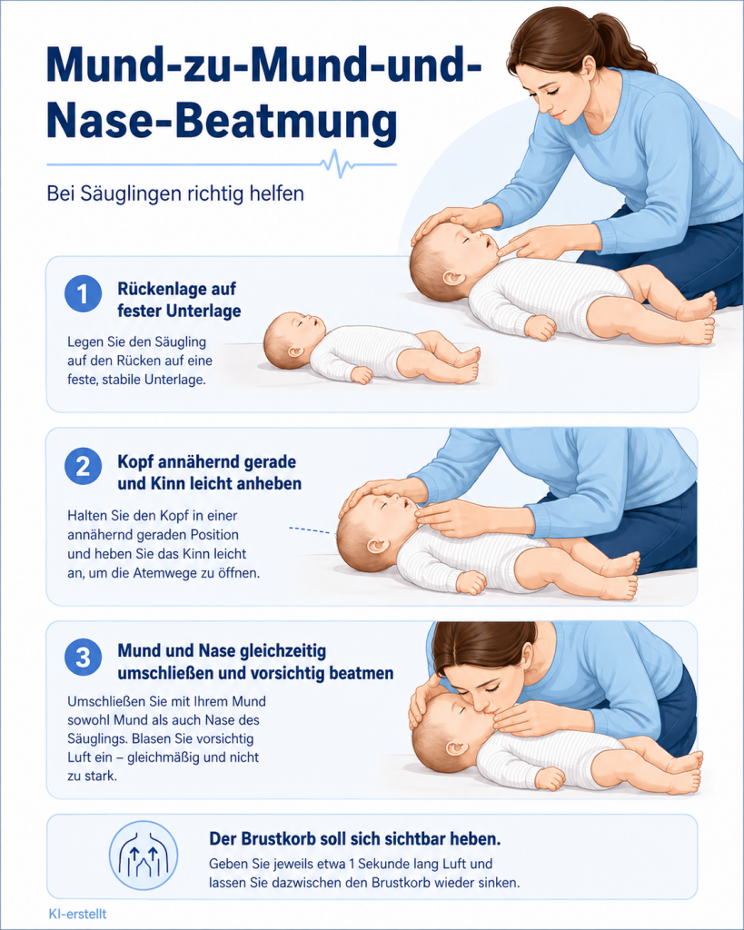 Infografik zur Mund-zu-Mund-und-Nase-Beatmung beim Säugling mit richtiger Kopfposition, leicht angehobenem Kinn und sichtbarem Anheben des Brustkorbs.