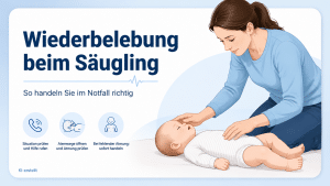 Titelbild zum Ratgeber „Wiederbelebung beim Säugling“ mit einem Säugling in Rückenlage und einer helfenden Person in einer Erste-Hilfe-Situation.
