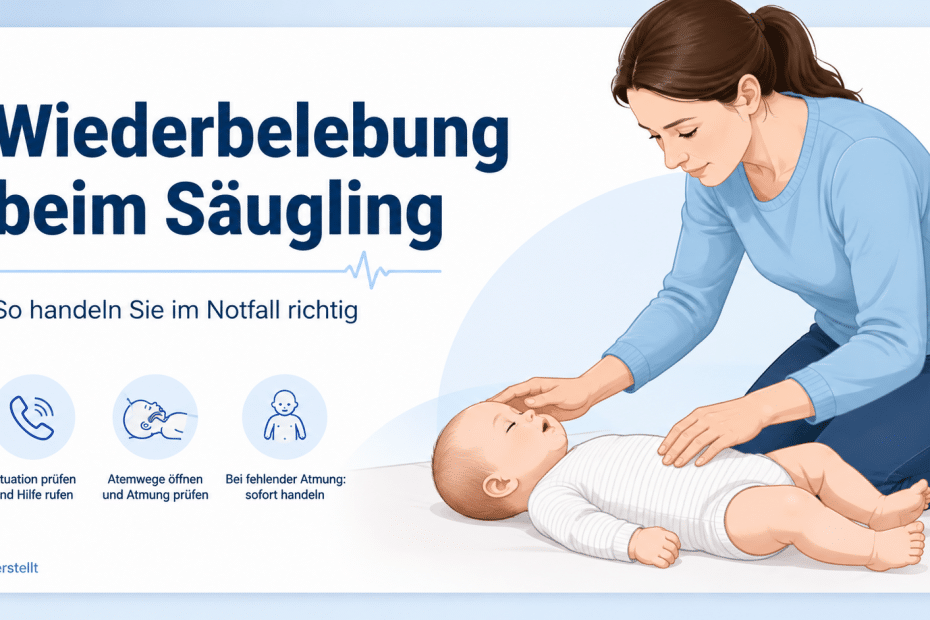 Titelbild zum Ratgeber „Wiederbelebung beim Säugling“ mit einem Säugling in Rückenlage und einer helfenden Person in einer Erste-Hilfe-Situation.
