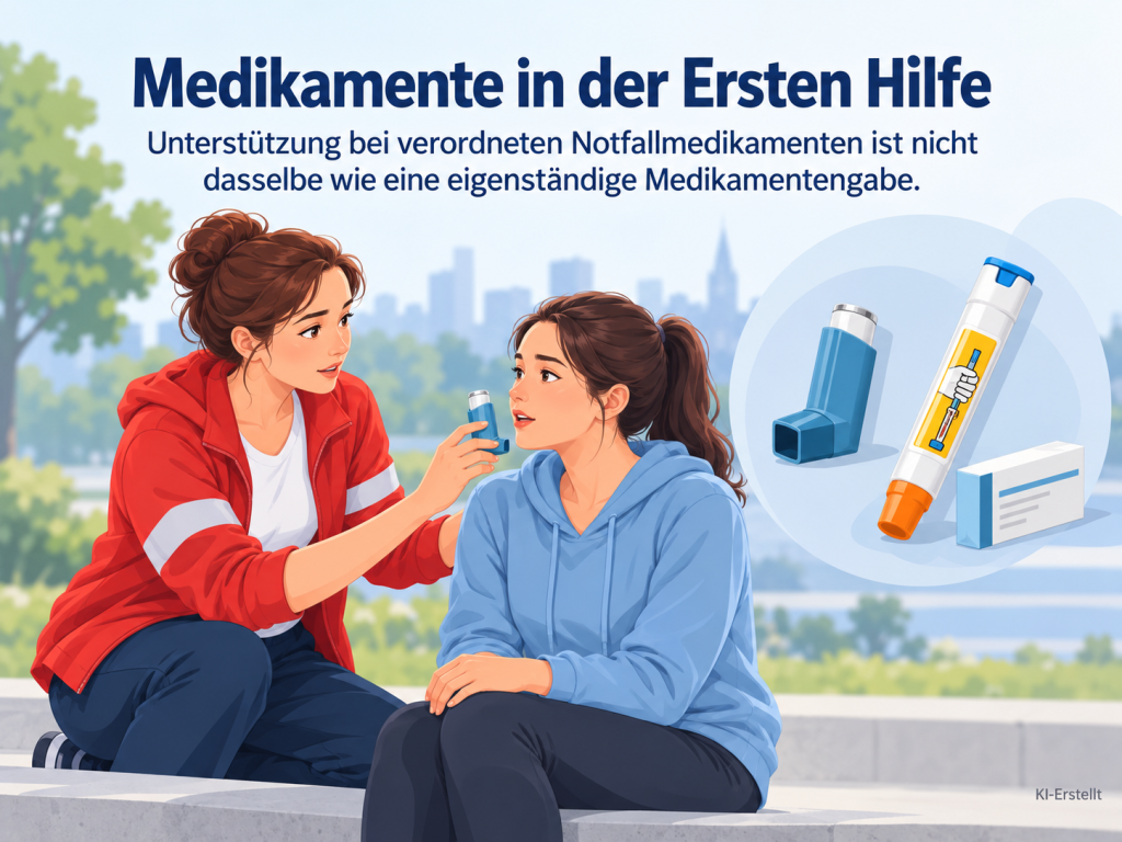 Ersthelferin unterstützt eine Person bei der Anwendung eines verordneten Notfallmedikaments; daneben sind Asthmaspray, Adrenalin-Autoinjektor und Medikamentenpackung dargestellt.